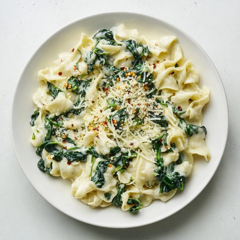 A fresh serving of Creamy Spinach Garlic Noodles is plated beside a glass of white wine, featuring wide egg noodles, sautéed spinach, and a rich, garlicky cream coating.
