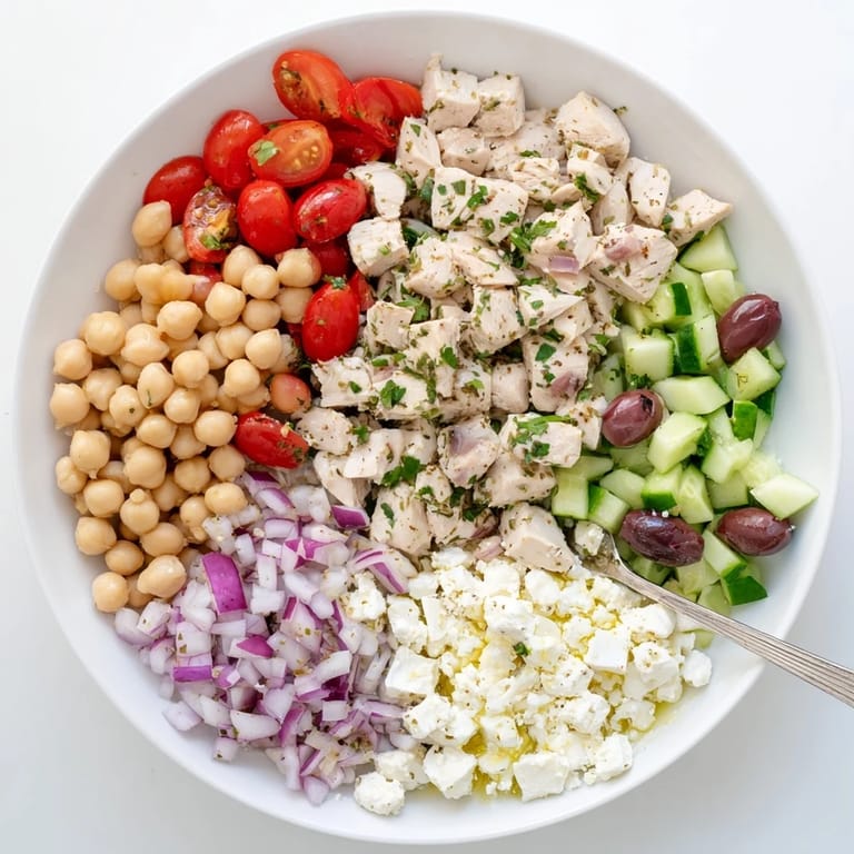 A close-up view of Mediterranean Chickpea Chicken Salad tossed with chickpeas and red onion, showcasing the glistening olive oil and herb dressing.