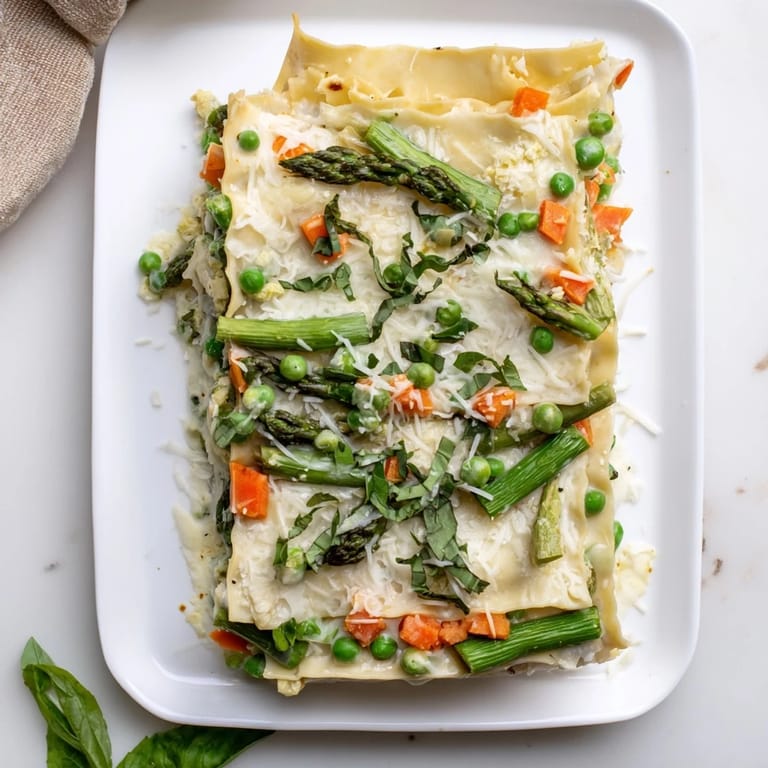 Spring Veggie Alfredo Lasagna with no-boil noodles, featuring vibrant asparagus, peas, and spinach layered in a creamy Alfredo sauce.