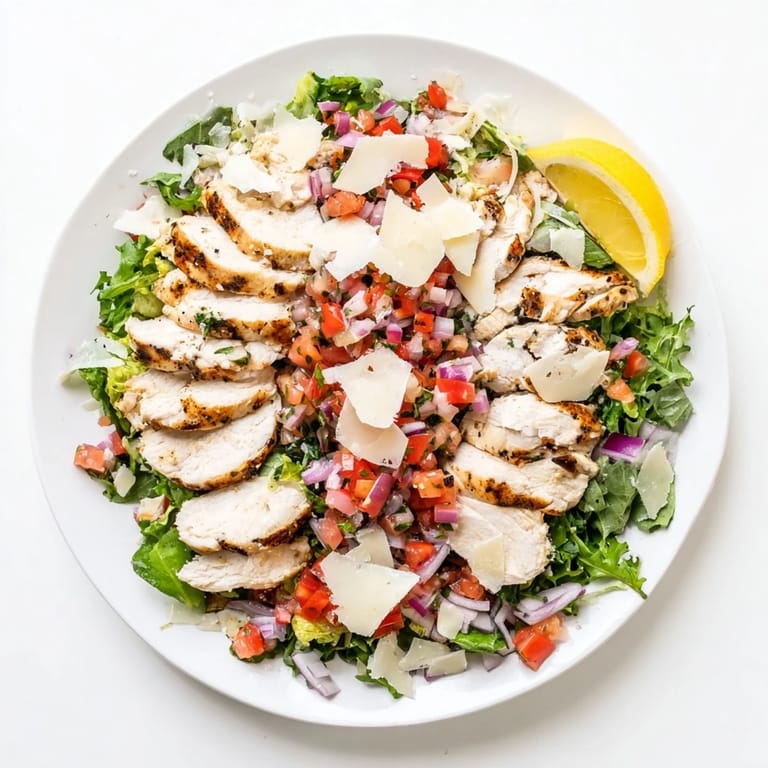 Freshly prepared Bruschetta Chicken Salad features juicy grilled chicken, ripe tomatoes, basil, and balsamic vinegar over crisp greens.
