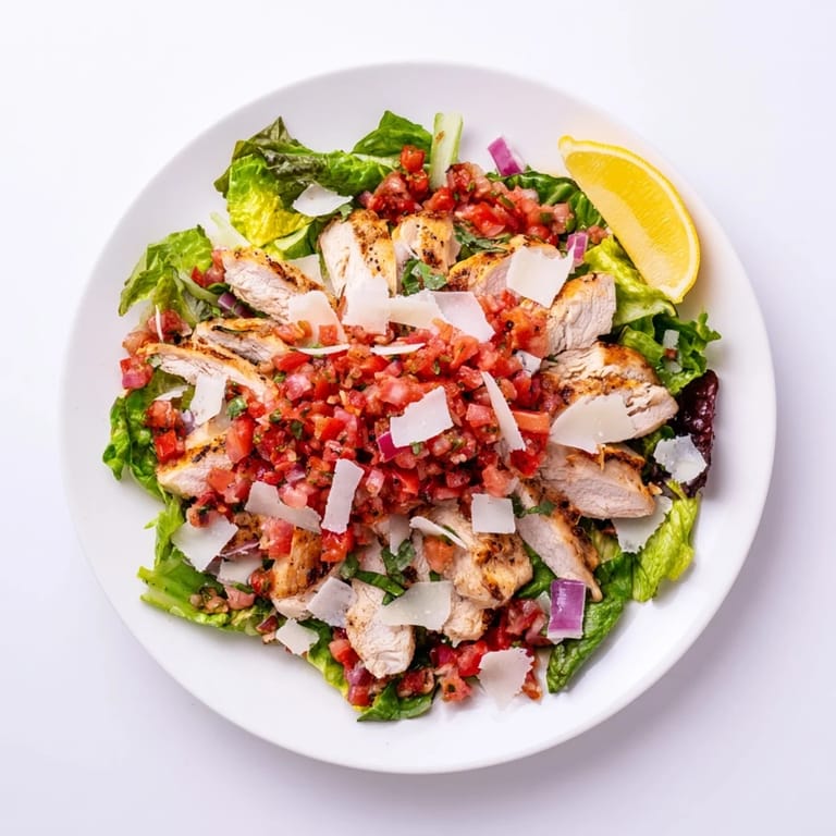 A close-up of Bruschetta Chicken Salad shows tender grilled chicken slices, diced tomatoes, and fresh basil on a colorful platter.