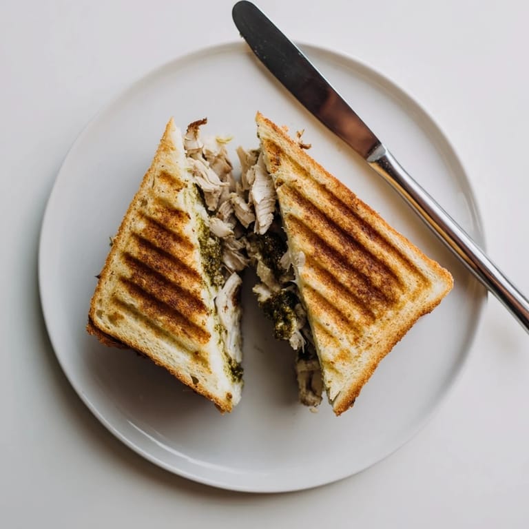 A delicious Mozzarella Pesto Chicken Grilled Cheese served beside a small bowl of tomato soup, perfect for a comforting lunch.