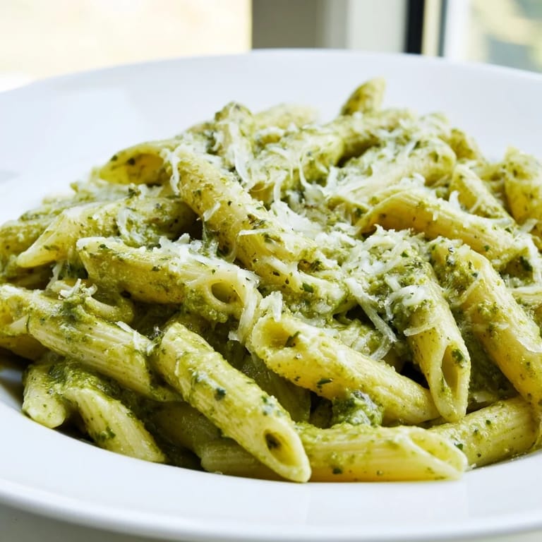 Warm Creamy Sunflower Seed Pesto Pasta with golden toasted sunflower seeds and bright basil leaves, ready to serve.