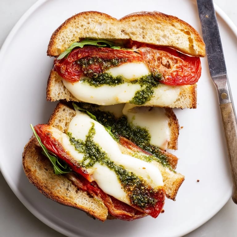 Cutting a Roasted Tomato Pesto Grilled Cheese in half shows gooey melted cheese and vibrant toppings.