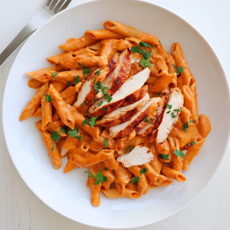 A close-up of Honey Chipotle Chicken Pasta highlighting smoky sauce and penne pasta.