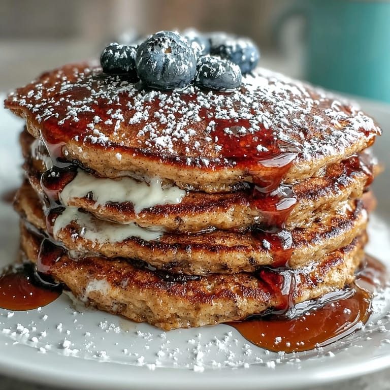 Golden-brown protein power pancakes stacked high with a drizzle of maple syrup and butter.  