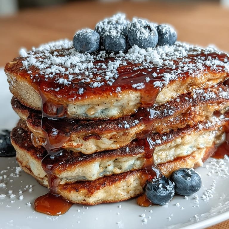 Healthy protein power pancakes served with sliced bananas and a dollop of peanut butter.