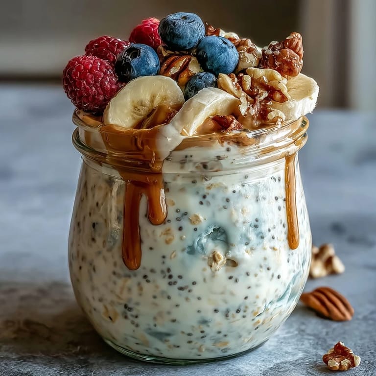 Overnight oats with chia seeds served in a clear glass, garnished with vibrant strawberries and a drizzle of honey.