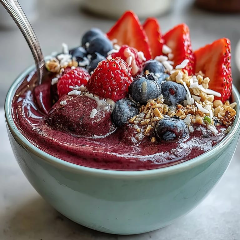 Colorful Acai Berry Smoothie Bowl served in a bowl, garnished with fresh raspberries, blueberries, and pumpkin seeds, ready to eat.