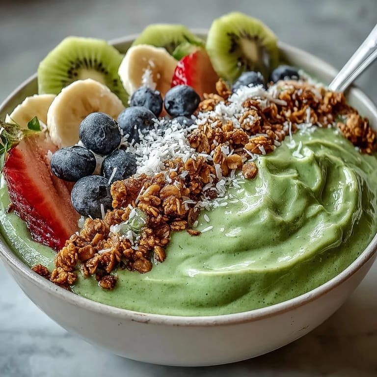 The creamy spinach smoothie base in this green smoothie bowl is loaded with mango and banana.