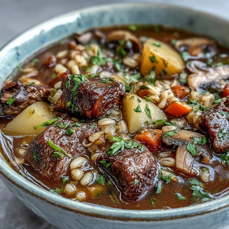A ladle full of hearty Vegetable Beef, Barley, and Mushroom Soup is held above a Dutch oven, showing tender beef and sliced carrots.