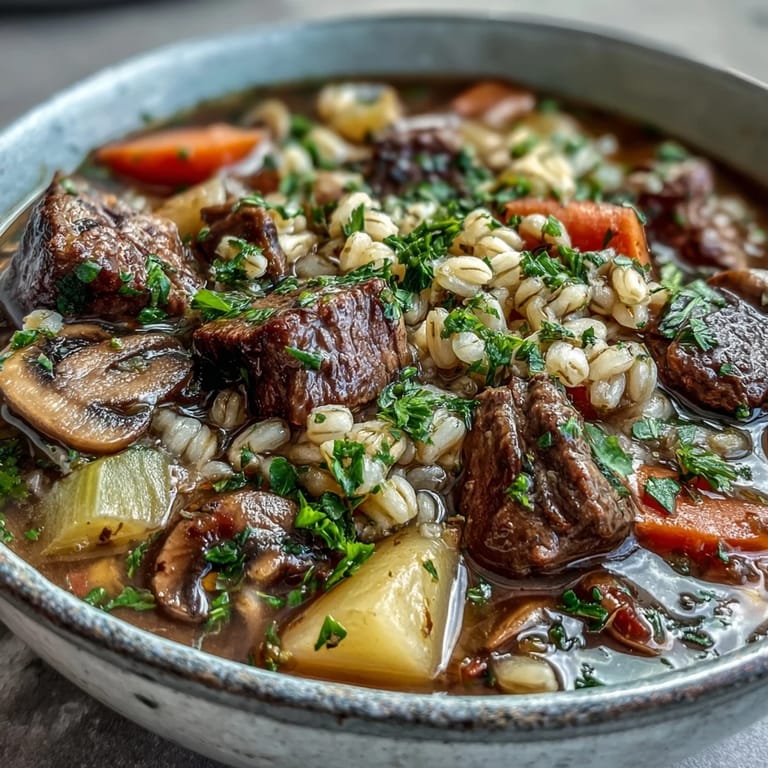 Vegetable Beef, Barley, and Mushroom Soup is served steaming in a white bowl on a wooden table with a striped napkin.