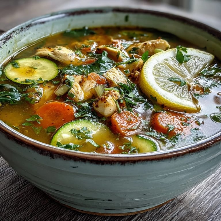 Close-up of vibrant Turmeric Chicken Soup featuring diced chicken, zucchini, and a lemon wedge garnish.