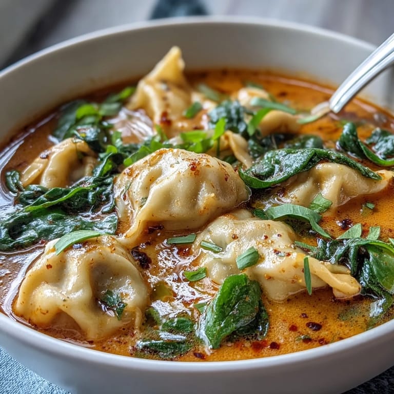 Vibrant Red Curry Wonton Soup with Greens served hot alongside fresh lime and chili slices.