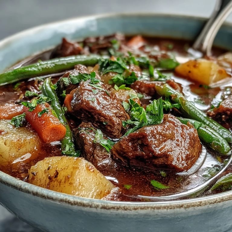 Steaming beef and vegetable soup loaded with beef chuck, celery, and green beans, ready to serve on a cozy winter night.