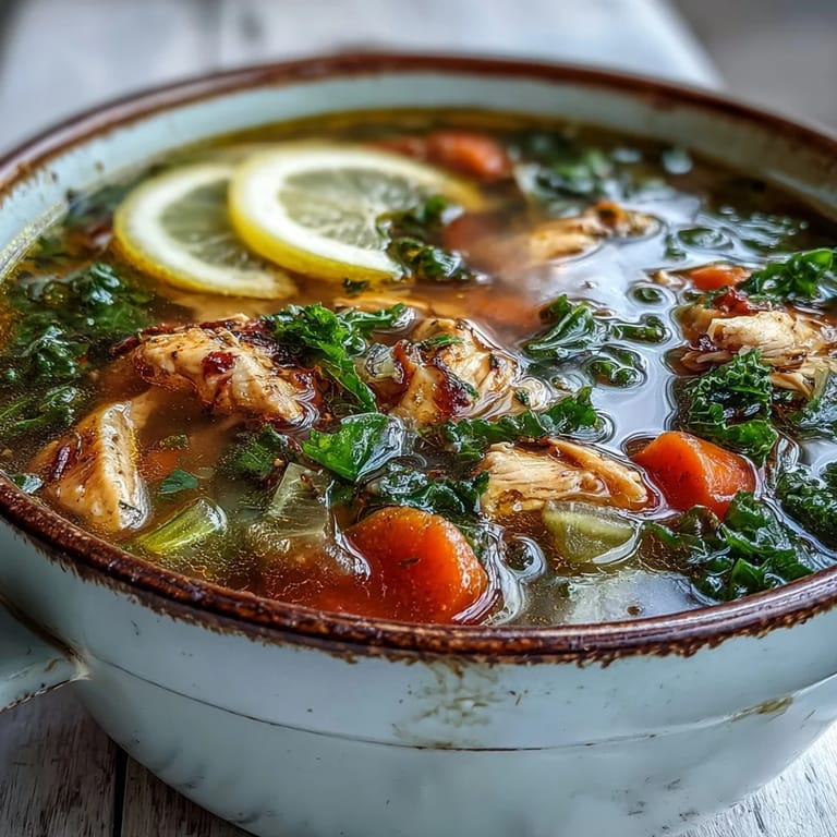 Healthy serving of High Protein Lemon and Turmeric Chicken Soup topped with fresh herbs, ideal for a gluten-free meal.