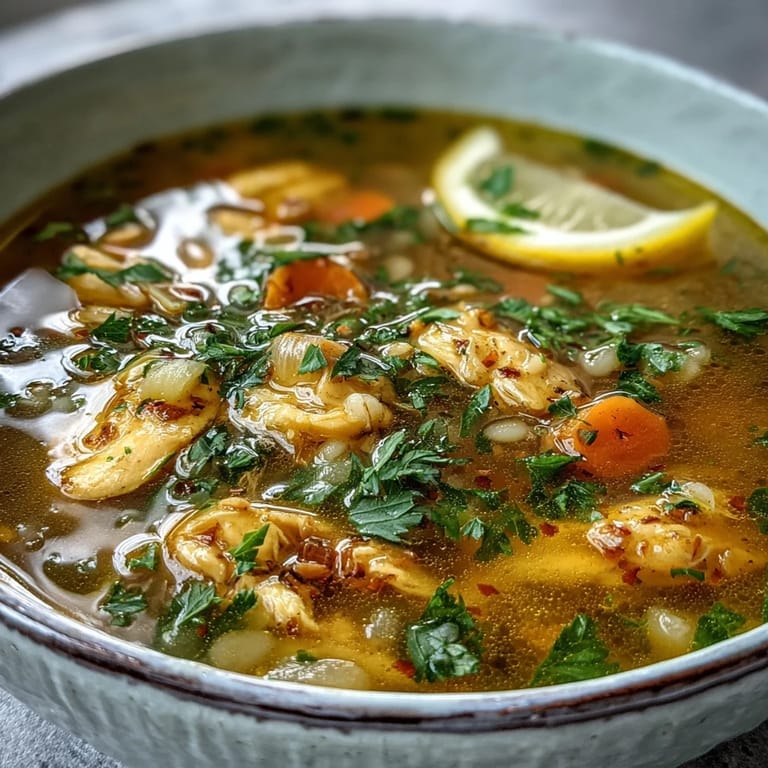 Hearty Soothing Turmeric Chicken With Pearl Barley simmering in a pot, featuring tender chicken, carrots, and celery.