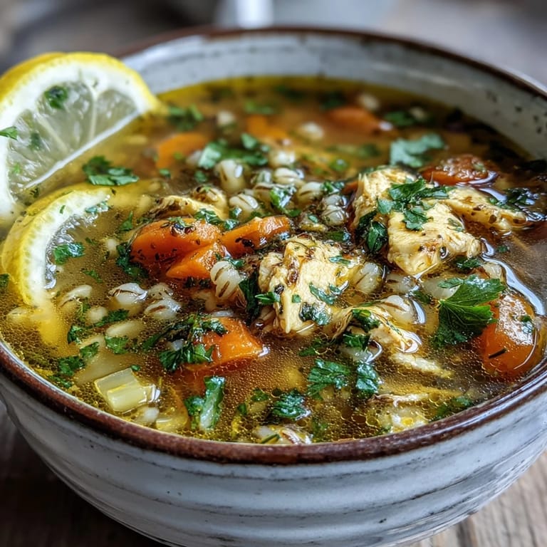 Serving suggestion for Soothing Turmeric Chicken With Pearl Barley with lemon wedges and crusty bread on the side.