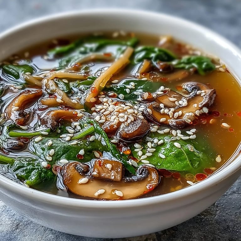 Hearty Miso Ginger Winter Soup in a rustic ceramic bowl, featuring julienned carrots, shiitake mushrooms, and vibrant green onions.