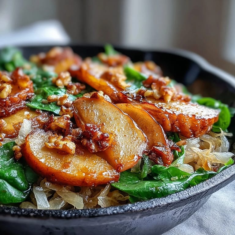 Vivid red onions and fresh parsley garnish the bubbling Warm Apple and Sauerkraut Skillet Salad fresh from the stovetop.