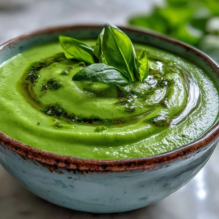 An overhead view of Courgette, Pea and Pesto Soup, highlighting its creamy texture and vibrant spring-green color in a white bowl.