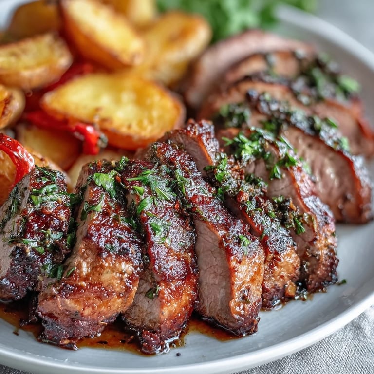 Succulent Marinated Ibérico Pork Fillet with potatoes and red peppers, plated with lemon wedges for freshness.