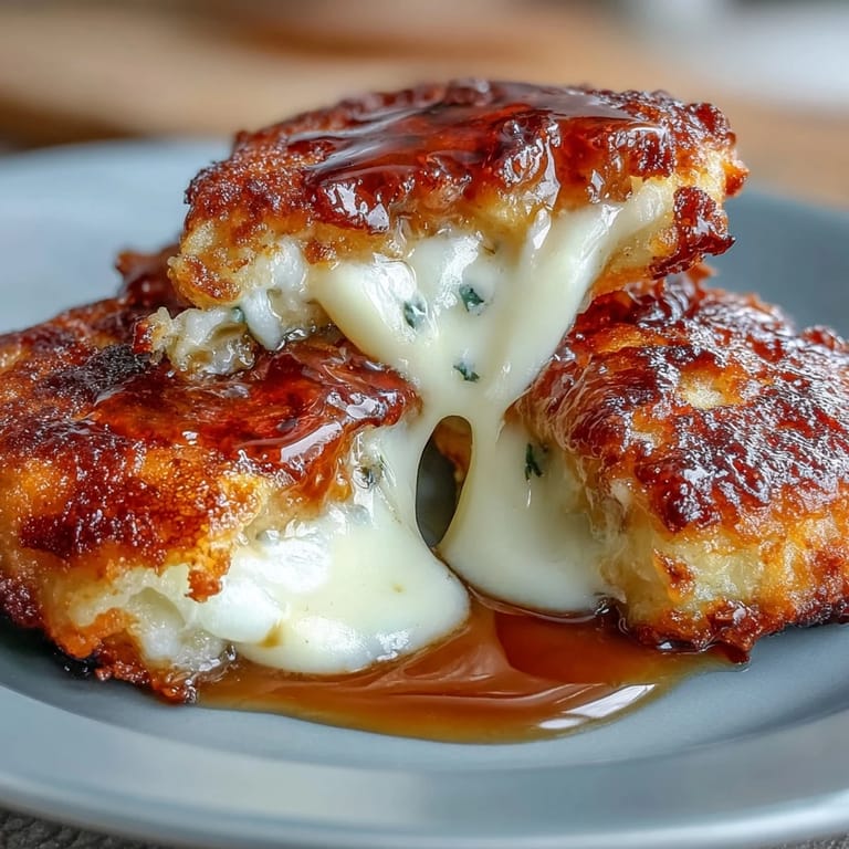 Cheese oozes from a bite-sized piece of Chīzu Imomochi, revealing the soft, chewy potato mochi texture.