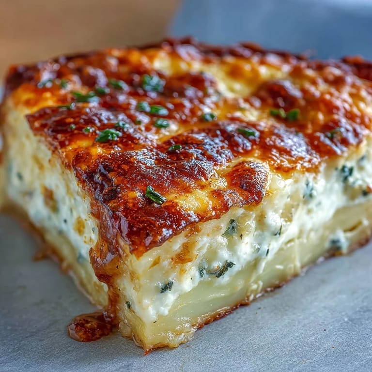 Sliced wedge of cheesy potato pie served warm on a rustic plate.