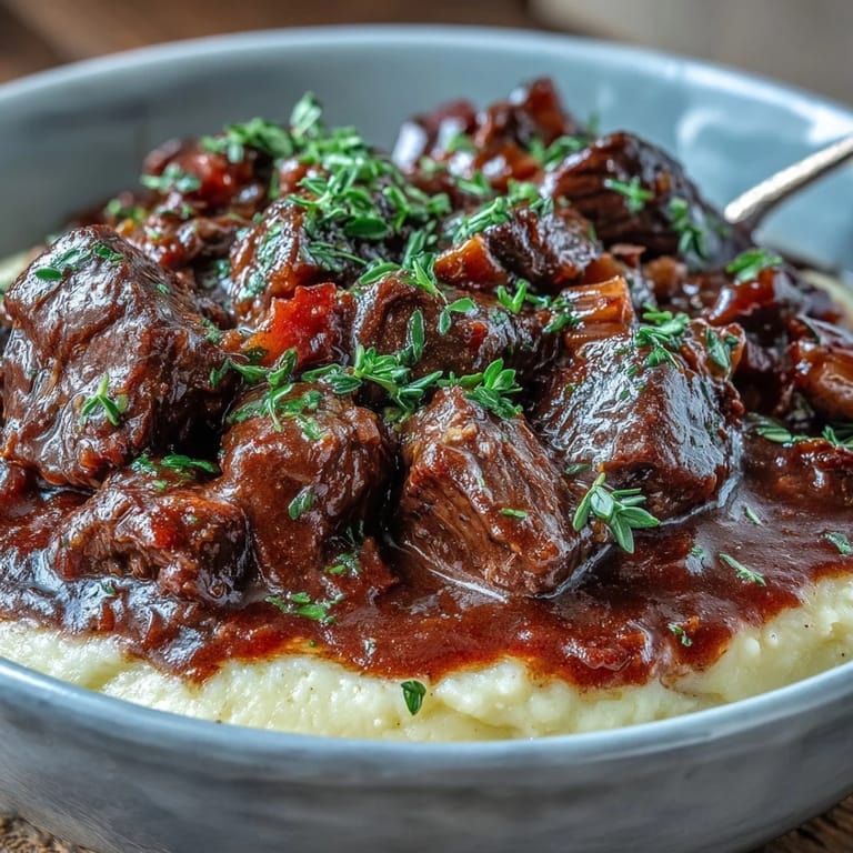A hearty Venison Stew with Sloe Gin and Polenta simmering in a Dutch oven with red wine.