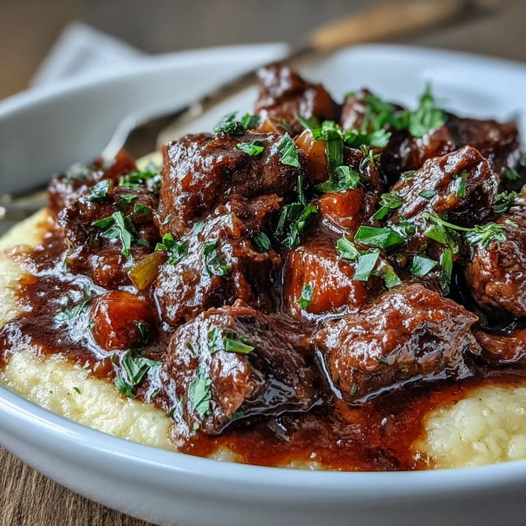 Warm Venison Stew with Sloe Gin and Polenta served in a rustic bowl, ready for a cozy winter dinner.