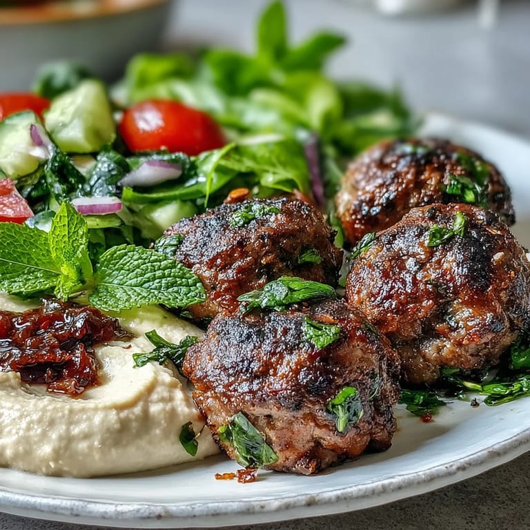 Served venison meatballs with spiced salad and hummus garnished with fresh mint leaves.