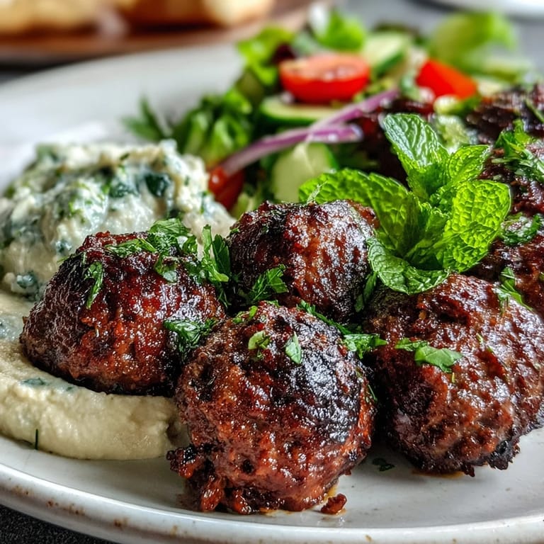 Close-up of venison meatballs with spiced salad and creamy hummus drizzled with olive oil.