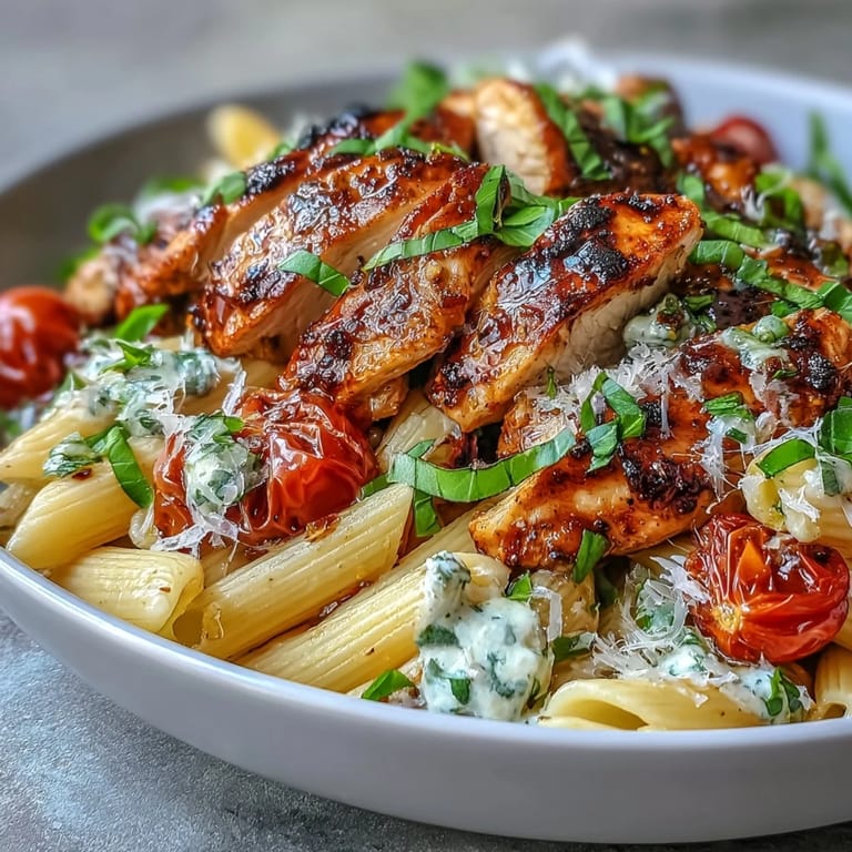 Family style bowl of Bruschetta Chicken Pasta featuring tender poultry and bright tomatoes, served with crusty bread for dinner.