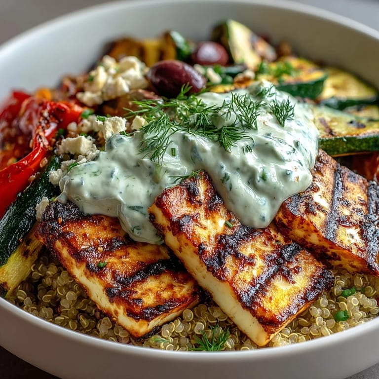 Golden chicken and briny olives are arranged over quinoa, ready for a generous drizzle of tzatziki sauce.