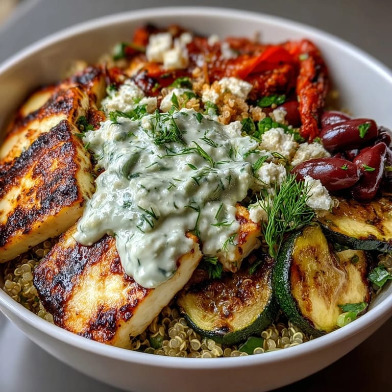 Freshly diced cucumber and crumbled feta garnish a warm serving of the Healthy Grilled Mediterranean Bowl.