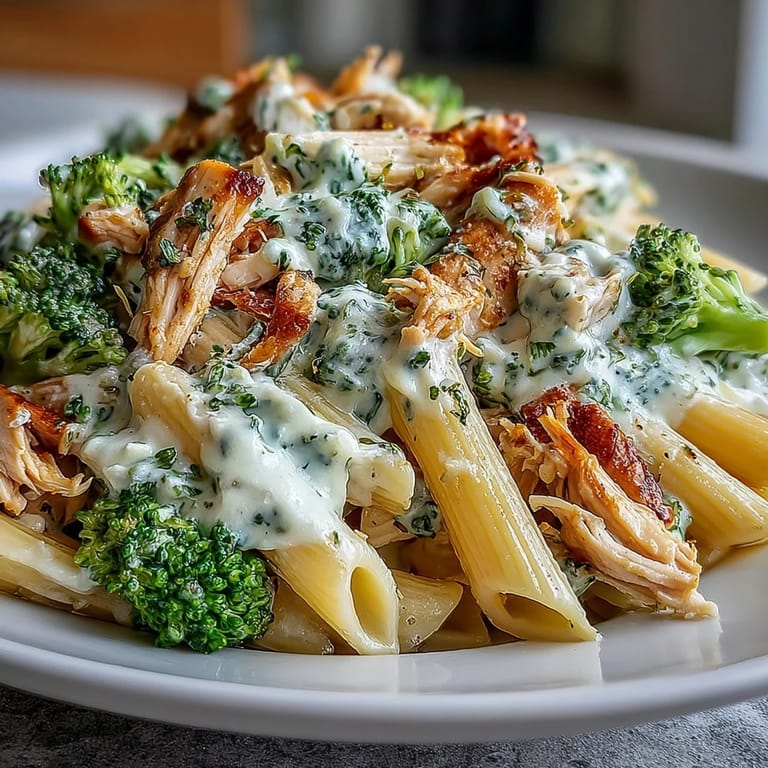 Spoonful of High Protein Rotisserie Chicken Broccoli Pasta featuring tender chicken and a luscious Greek yogurt sauce.