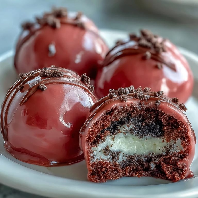 A hand dipping a chilled Oreo Truffle Ball into melted pink candy coating.