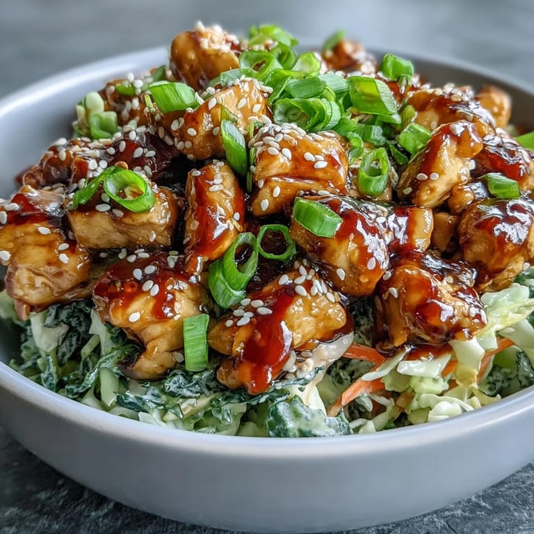 A bowl of chicken and cabbage stir-fry topped with chili crisp and sesame seeds, served alongside a mound of fluffy white rice.