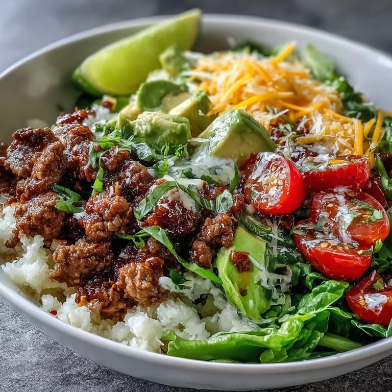 Close-up of Low Carb Burrito Bowl featuring sizzling beef, cauliflower rice, diced avocado, and melty cheddar on romaine.