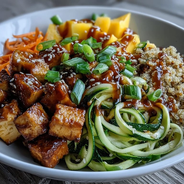Fresh spiralized veggies and diced mango add colorful texture to a hearty serving of Easy Teriyaki Quinoa Bowl.