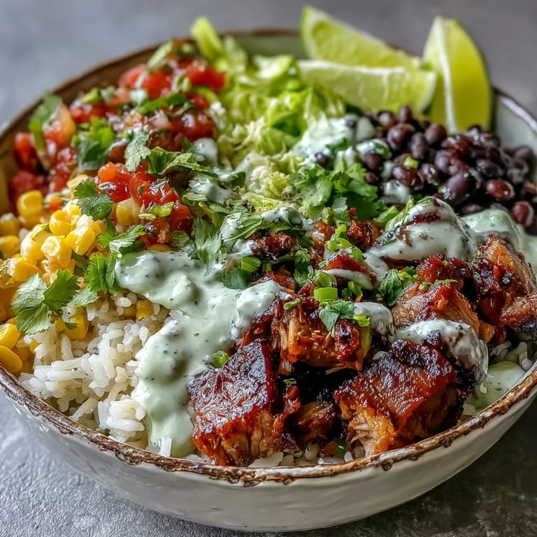 A finished Carnitas Burrito Bowl topped with zesty salsa and creamy lime crema, served fresh on a rustic table.