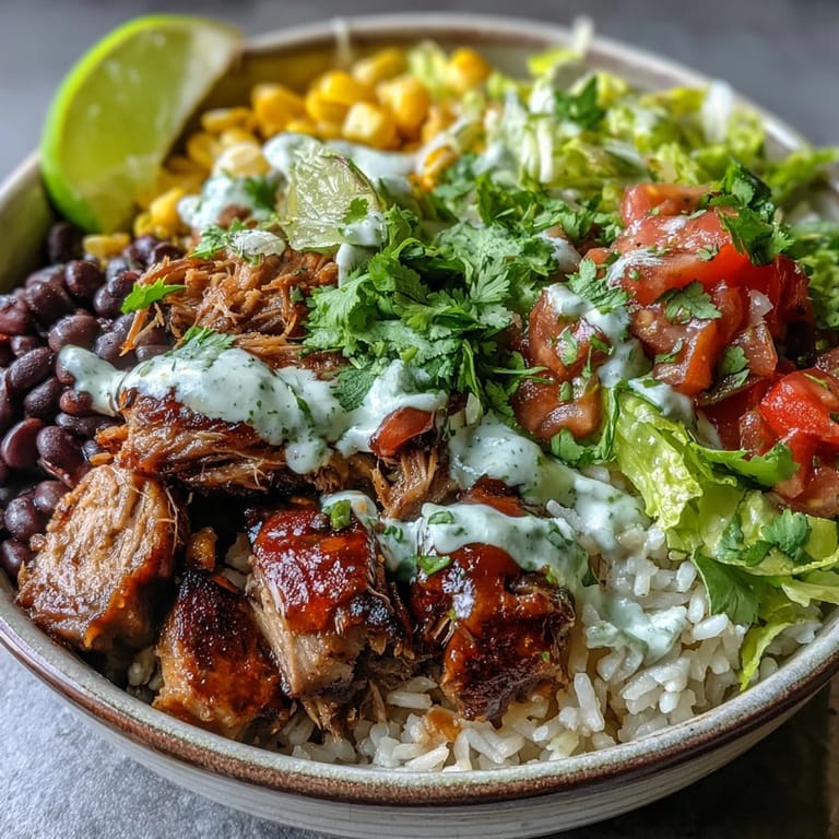 Slow-cooked shredded pork, fresh cilantro, and lime wedges arranged around a vibrant, colorful Carnitas Burrito Bowl.