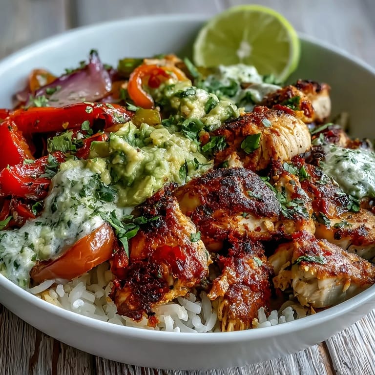 Vibrant Sheet Pan Chicken Tinga Bowl dinner for four, layered with juicy chicken, peppers, and a generous scoop of avocado salsa.