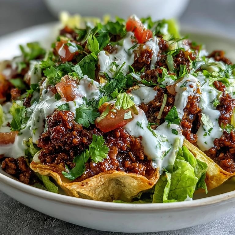 Delicious healthy taco bowl layered with spiced beef, crunchy lettuce, juicy tomatoes, and a tangy lime yogurt crema for freshness.
