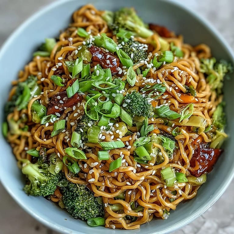 Colorful Asian teriyaki noodle bowl packed with vibrant carrots, broccoli florets, and green onions, all coated in a rich, sweet-savory teriyaki glaze.