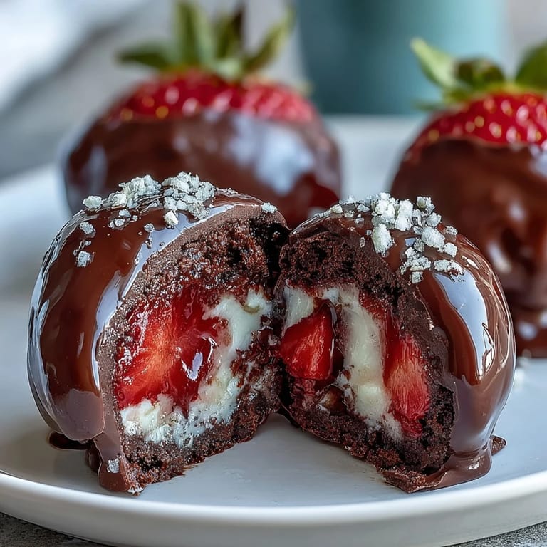 Elegant bite-sized strawberry truffles coated in glossy dark chocolate, subtly spiced with rosewater and cardamom.