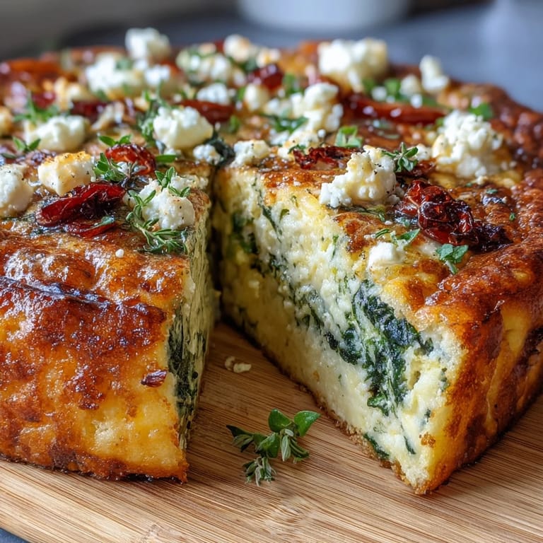 Fluffy egg bake with creamy feta, wilted spinach, and savory sun-dried tomatoes—an easy vegetarian main dish.  