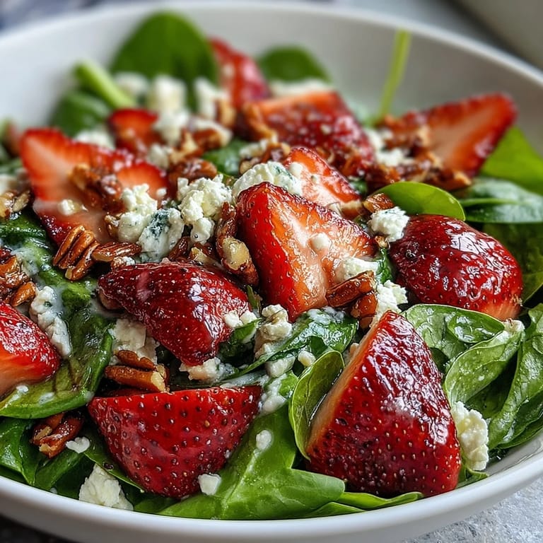 Bright and refreshing strawberry spinach salad with poppyseed dressing, featuring juicy strawberries, tender greens, and toasted nuts for a perfect spring bite.