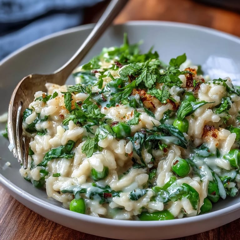Spring pea and mint risotto with Parmesan, a creamy Arborio rice dish with bright peas, fresh mint, and zesty lemon for a seasonal vegetarian main.