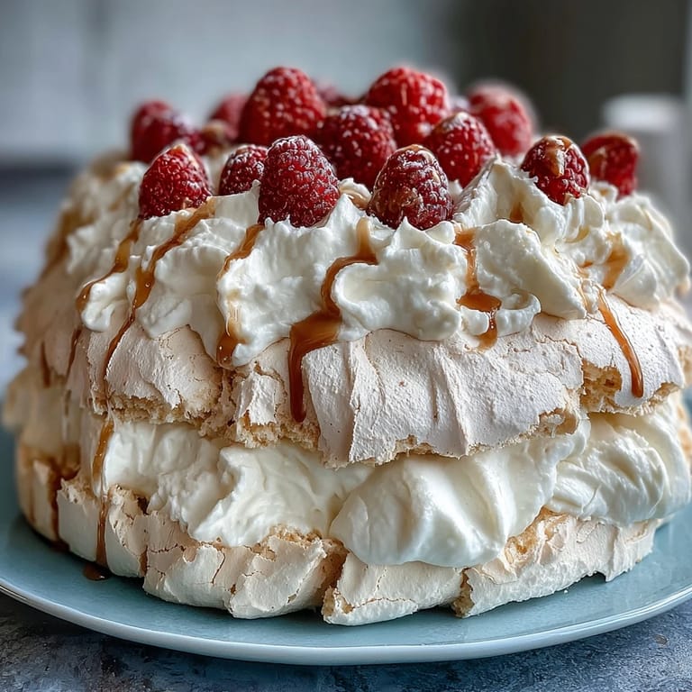 A close-up of strawberry pavlova dessert, featuring a delicate meringue base crowned with luscious whipped cream and vibrant red strawberries.